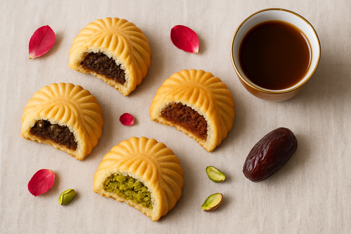 An overhead flat-lay of four maamoul pieces with different fillings arranged on a pale linen cloth beside a small brass cup