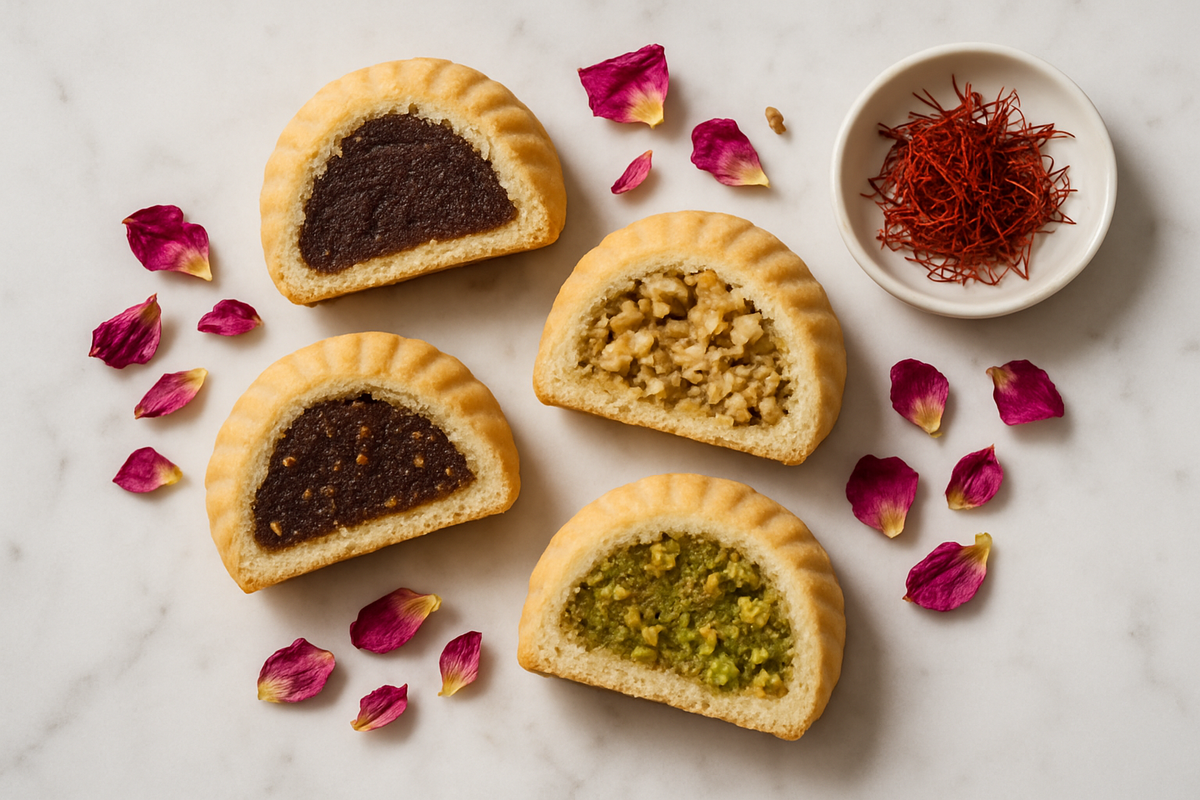 A flat-lay of four different maamoul varieties arranged in a circle on a white marble surface, each variety showing a