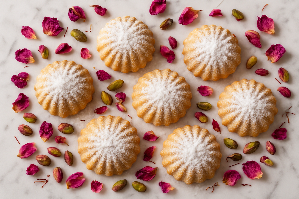 A flat lay of golden-crusted maamoul pastries dusted with icing sugar on a white marble surface, surrounded by scattered